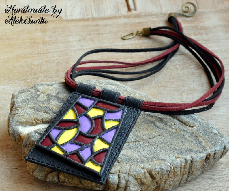 Modern jewelry Design necklace Contemporary jewelry Fashion jewelry Large pendant necklace Polymer clay jewelry for women Abstract necklace image 2