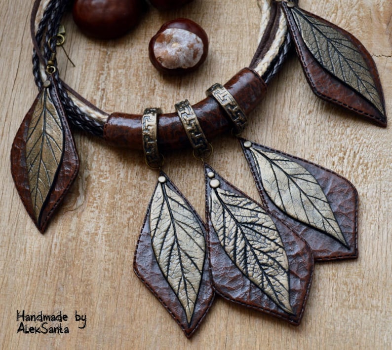 Statement jewelry set Necklace and earings Polymer clay jewelry for women Brown jewelry Earth tone Autumn leaves Autumn jewelry Fall leaves image 3