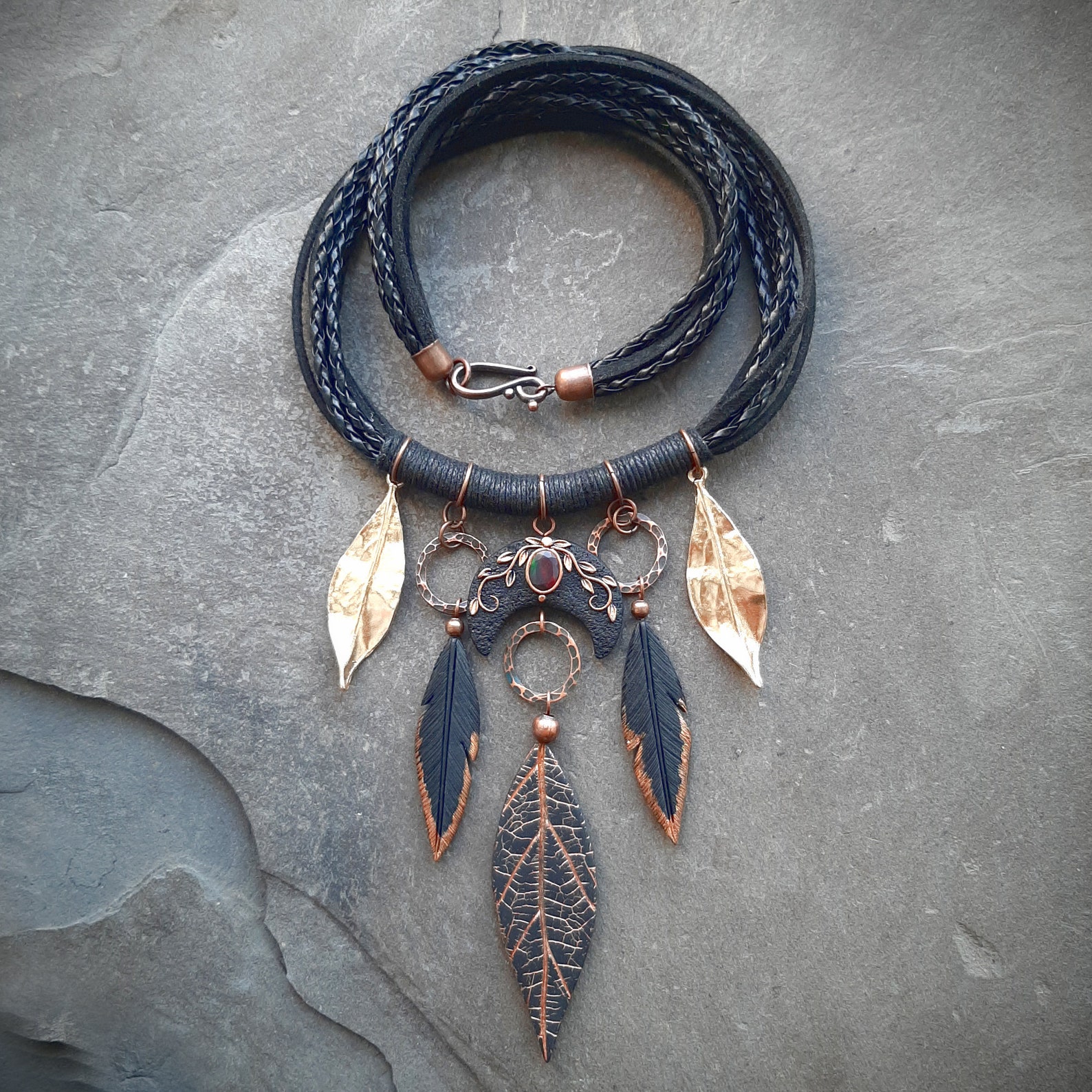 Black Moon Opal Witch Necklace With Feathers and Leaves: Pagan ...
