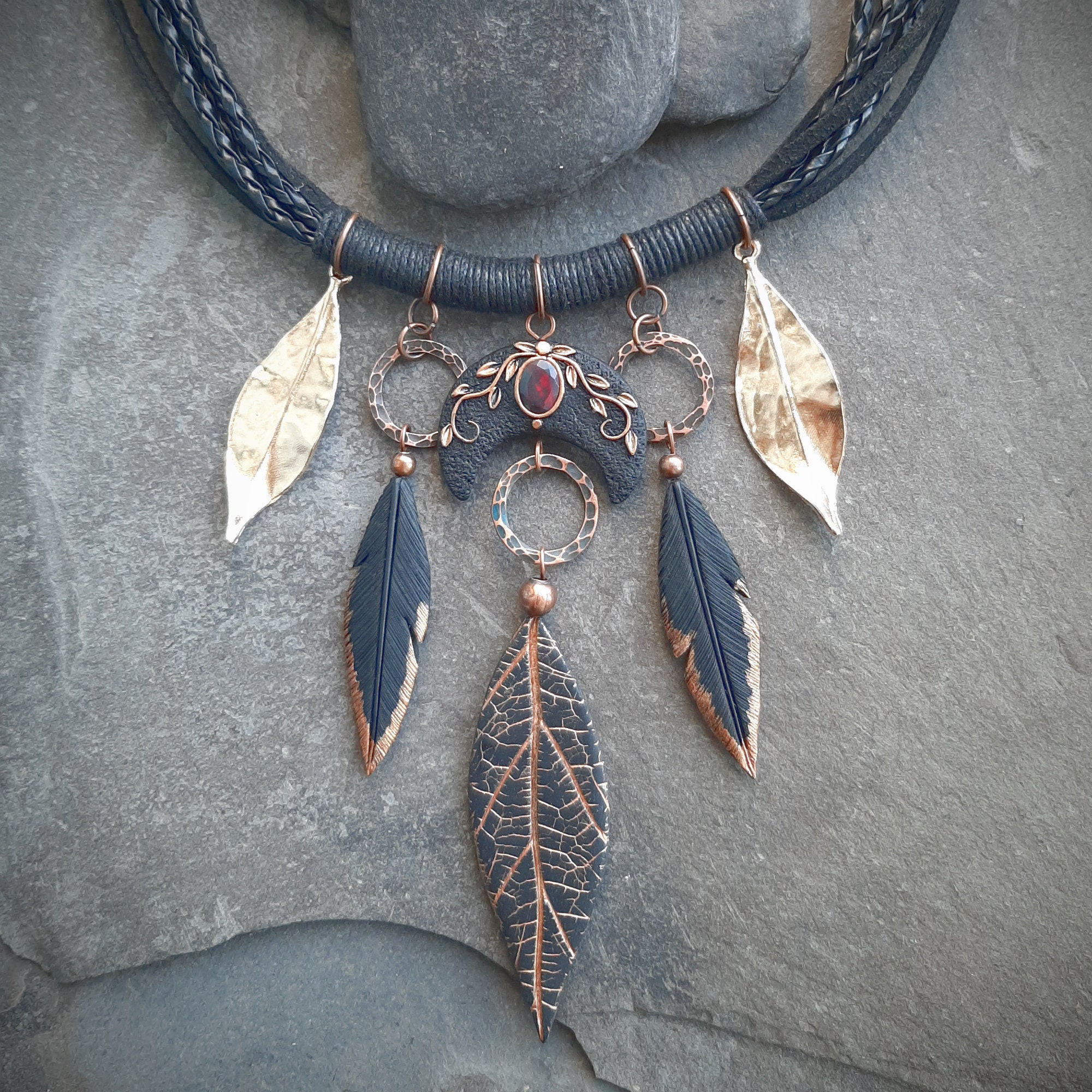 Black Moon Opal Witch Necklace With Feathers and Leaves: Pagan ...