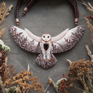 Barn owl necklace Large flying bird with botanical pattern on the wings Nature inspired Owl lover gift Totem spiritual animal