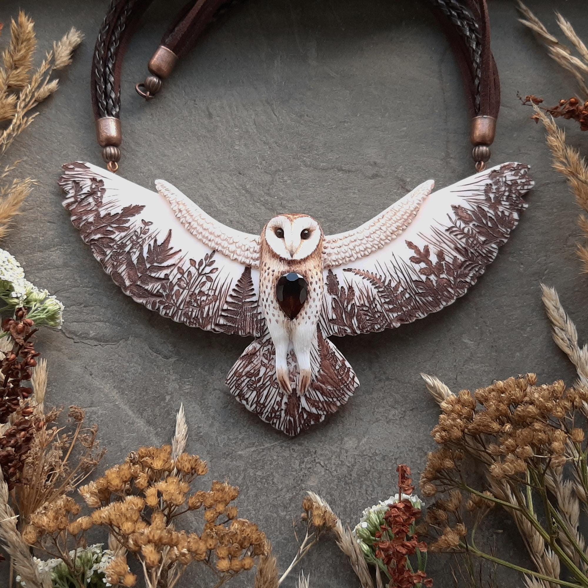 Barn owl necklace Large flying bird with botanical pattern on the wings Nature inspired Owl lover gift Totem spiritual animal