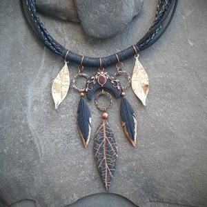 Black Moon Opal Witch Necklace With Feathers and Leaves: Pagan ...