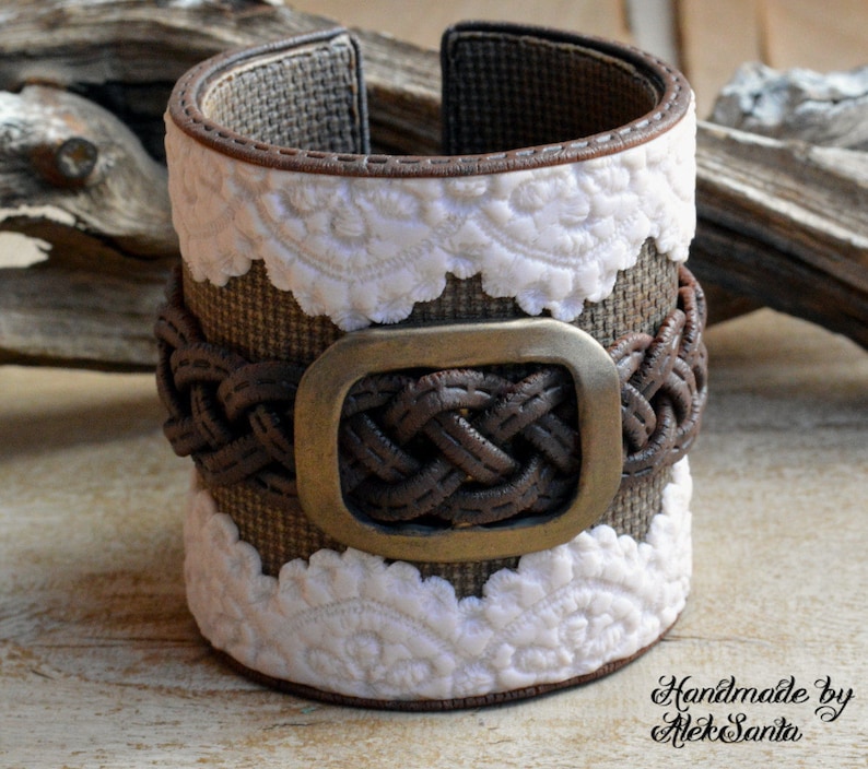 Boho bracelet Rustic cuff Boho jewelry Boho cuff Rustic bracelet Wide bracelet Country bracelet Beige bracelet Brown bracelet Lace image 1