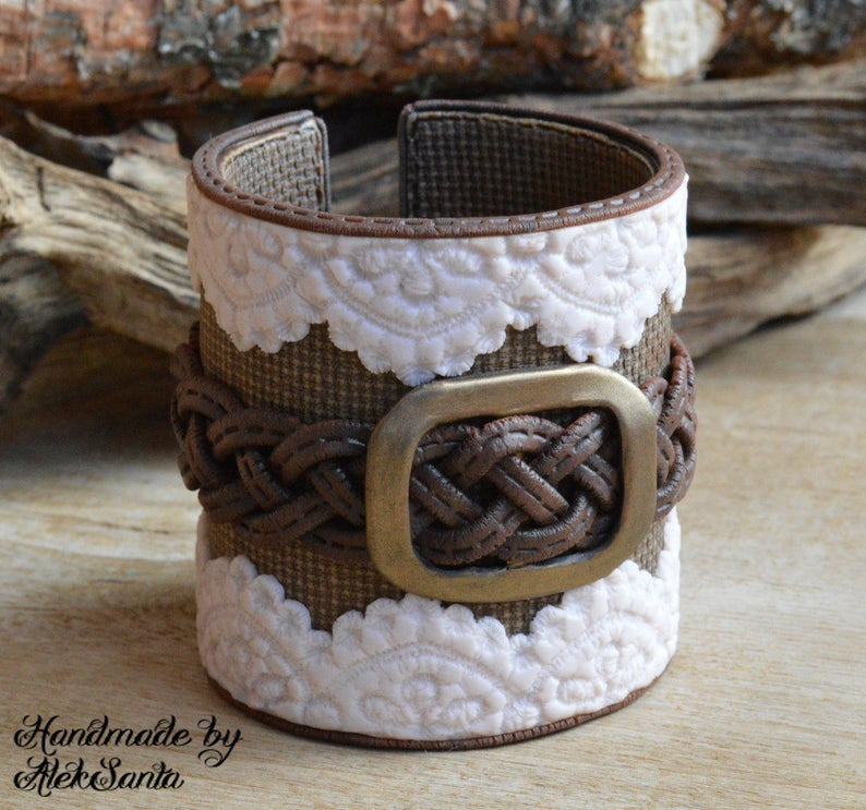 Boho bracelet Rustic cuff Boho jewelry Boho cuff Rustic bracelet Wide bracelet Country bracelet Beige bracelet Brown bracelet Lace image 2