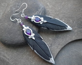 Black raven feathers earrings with amethysts