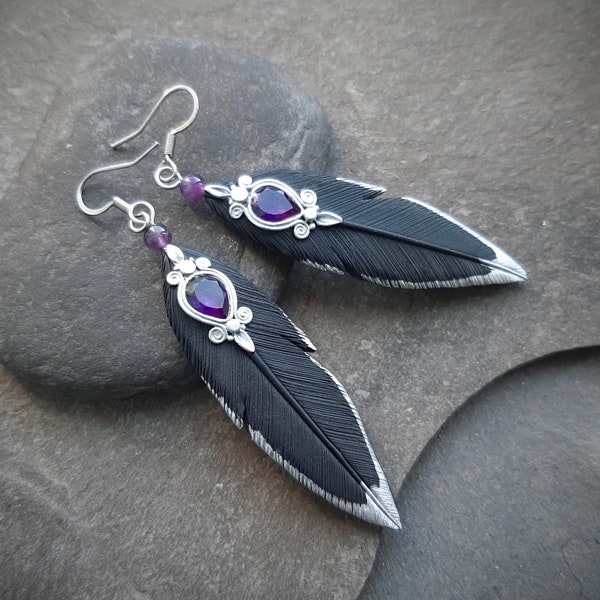 Black raven feathers earrings with amethysts