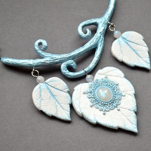 White leaf moonstone necklace Fantasy elven wedding jewelry for women Polymer clay unique statement necklace Fairytale June birthstone gift