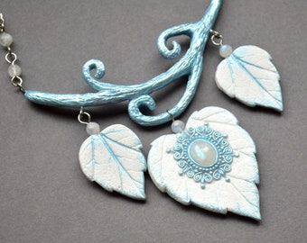 White leaf moonstone necklace Fantasy elven wedding jewelry for women Polymer clay unique statement necklace Fairytale June birthstone gift