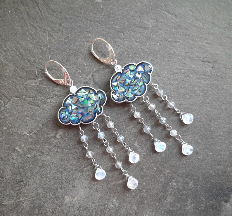 Rain Cloud Earrings with Abalone Shell, Labradorite and Moonstones Statement jewelry gift for women Shiny Raindrop earrings image 4