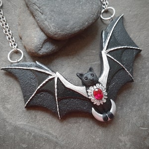 Bat necklace with crescent moon and ruby Halloween black Gothic flying bat jewelry Statement necklace for women image 7