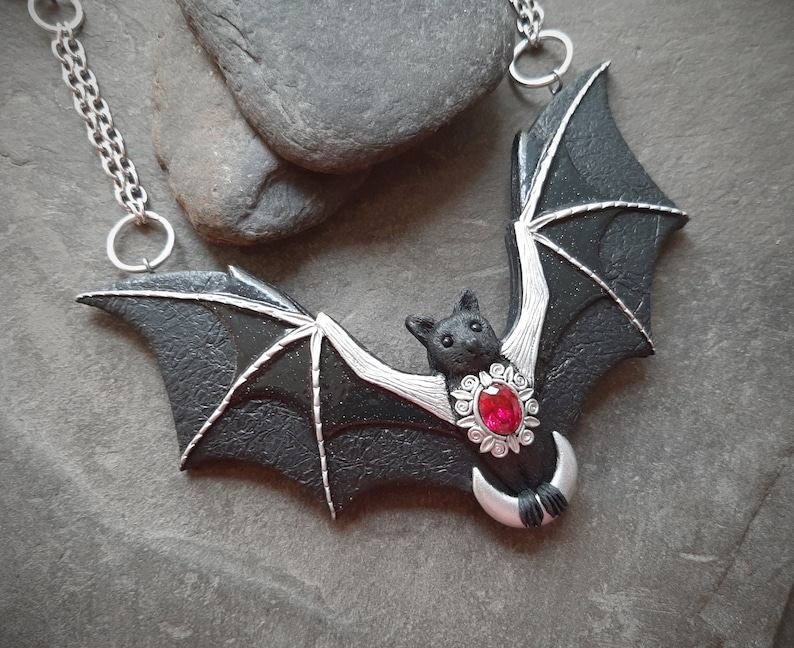 Bat necklace with crescent moon and ruby Halloween black Gothic flying bat jewelry Statement necklace for women image 7