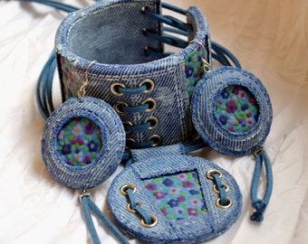 Jeans jewelry set Polymer clay jewelry for women  Blue jewelry set Jeans bracelet Jeans pendant earrings Blue jeans Statement jewelry set