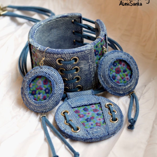 Blue Denim Look Polymer Clay Jewelry Set with Small Flowers - Statement Bracelet, Necklace & Earrings