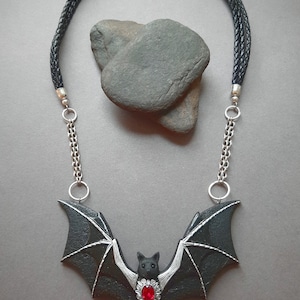 Bat necklace with crescent moon and ruby Halloween black Gothic flying bat jewelry Statement necklace for women image 2