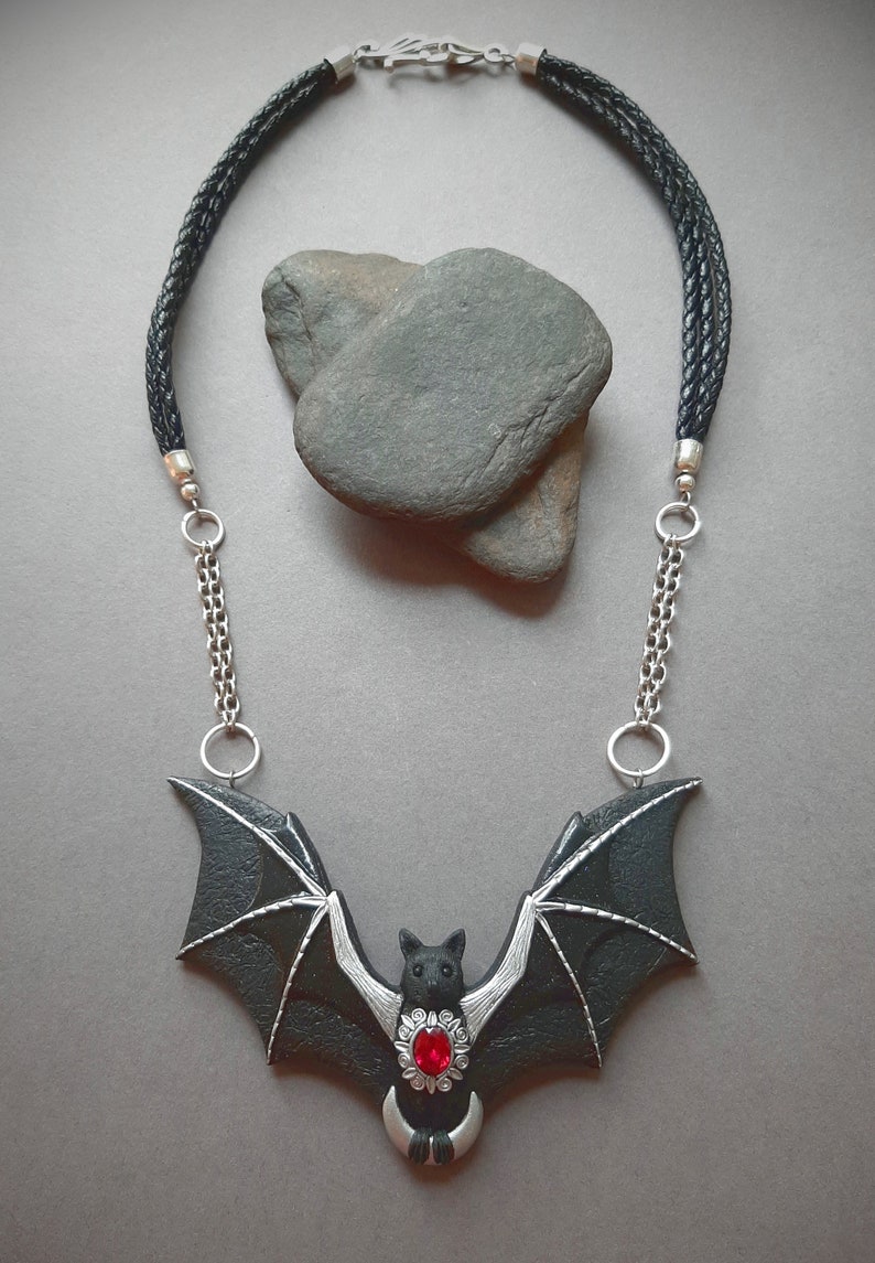 Bat necklace with crescent moon and ruby Halloween black Gothic flying bat jewelry Statement necklace for women image 2