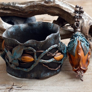 Brown & Burnt Orange Floral Jewelry Set: Unique Autumn Fall Large Pendant Necklace and Bracelet