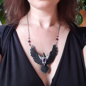 Black raven crow necklace Amethyst flying bird necklace Halloween Gothic statement jewelry for women image 4