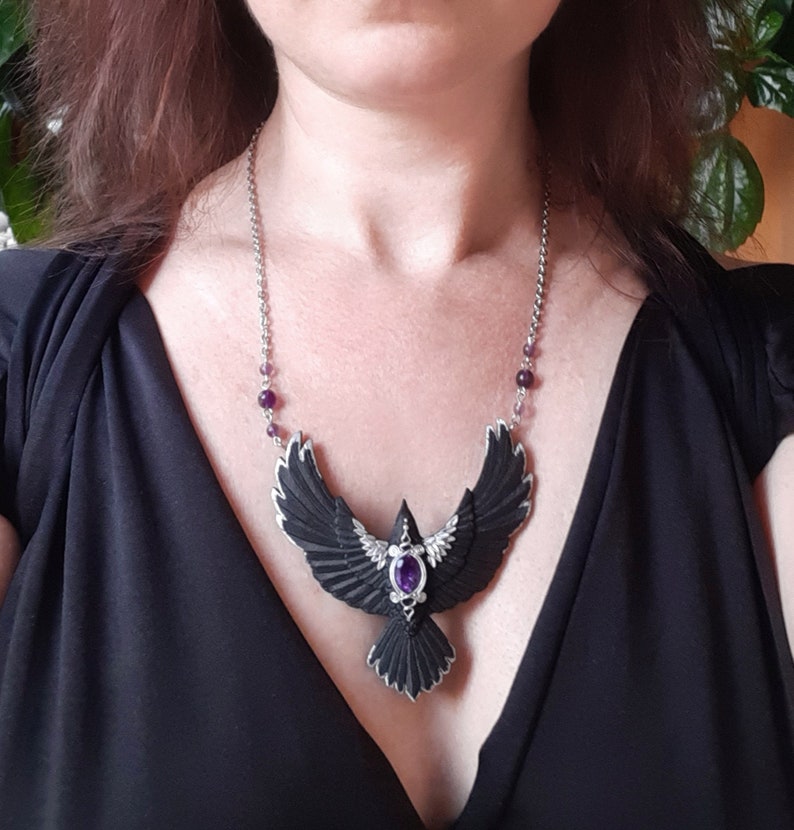 Black raven crow necklace Amethyst flying bird necklace Halloween Gothic statement jewelry for women image 4