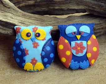 Two cute blue owls brooches Pair Bird pin Large funny brooch Owl lover gift Bright brooch Bird lover gift Polymer clay jewelry Friend gift