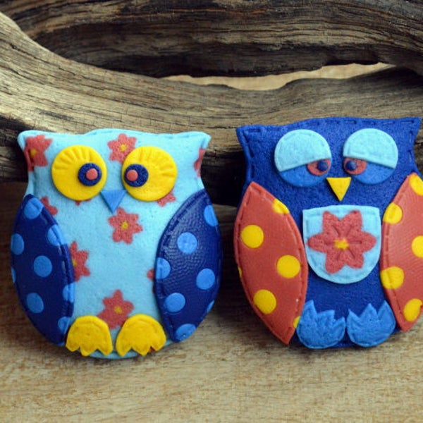 Two cute blue owls brooches Pair Bird pin Large funny brooch Owl lover gift Bright brooch Bird lover gift Polymer clay jewelry Friend gift