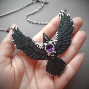 Black raven crow necklace Amethyst flying bird necklace Halloween Gothic statement jewelry for women image 2