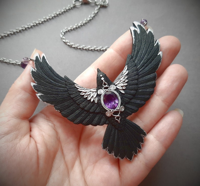 Black raven crow necklace Amethyst flying bird necklace Halloween Gothic statement jewelry for women image 2