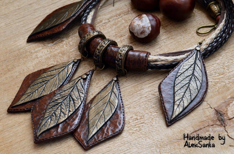 Statement jewelry set Necklace and earings Polymer clay jewelry for women Brown jewelry Earth tone Autumn leaves Autumn jewelry Fall leaves image 6