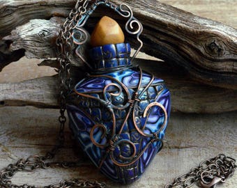 Blue necklace Large pendant Chain necklace Exclusive jewelry Fairytale Gift Inspiration jewelry Aromatherapy pendant Fantasy necklace