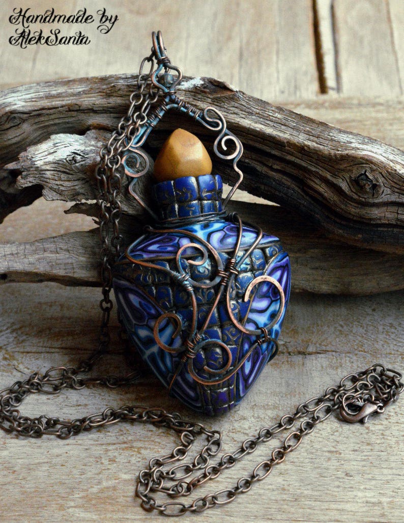 Blue necklace Large pendant Chain necklace Exclusive jewelry Fairytale Gift Inspiration jewelry Aromatherapy pendant Fantasy necklace image 1