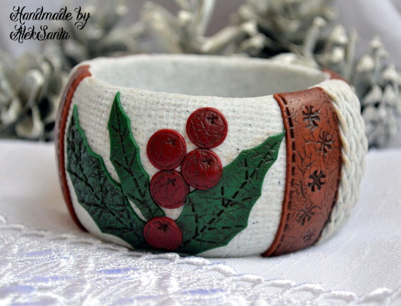 Christmas holly bangle bracelet Polymer clay off white, green and red statement winter jewelry New year Xmas gift for her image 4