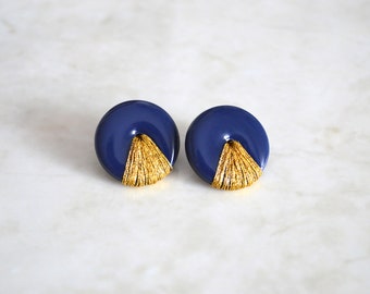 Navy Blue Polymer Clay Stud Earrings: Gold Detail, Lightweight