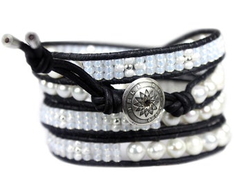 Bela Donaco - Damen Wickelarmband Classic B6 – weiße Perlen – schwarzes Leder – Tschechisches Glas – Sterling Silber - 818