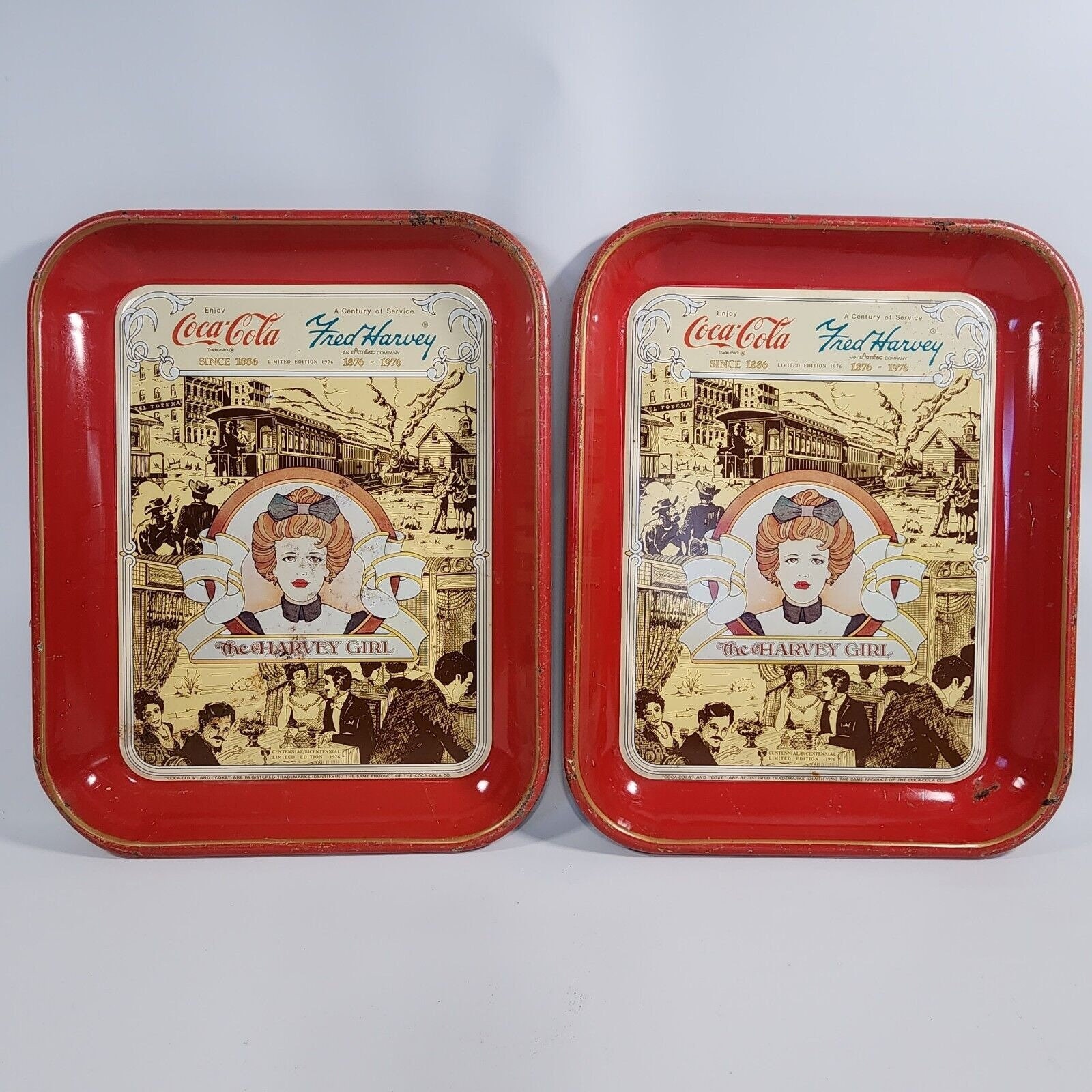 Set of 2 Vintage Coca-cola Harvey Girl 1976 Bicentennial Metal