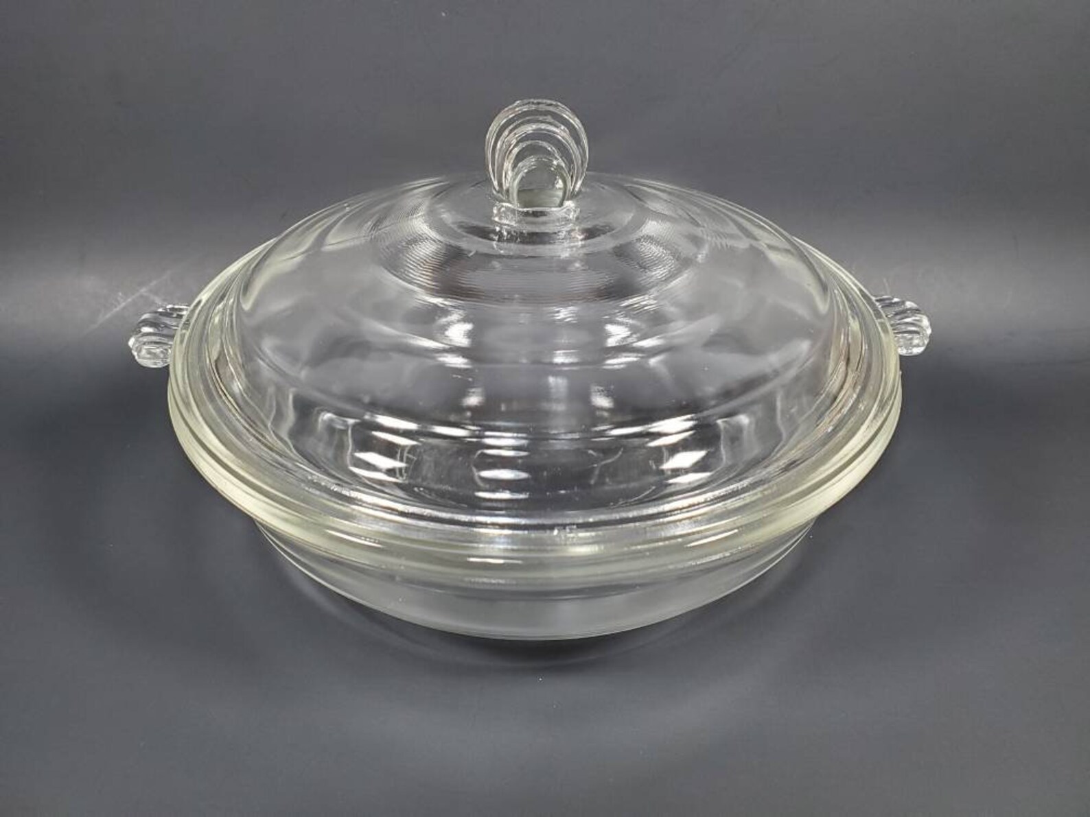 Glasbake Mckee Round Clear Glass Casserole With Lid / Art Deco / 055 /