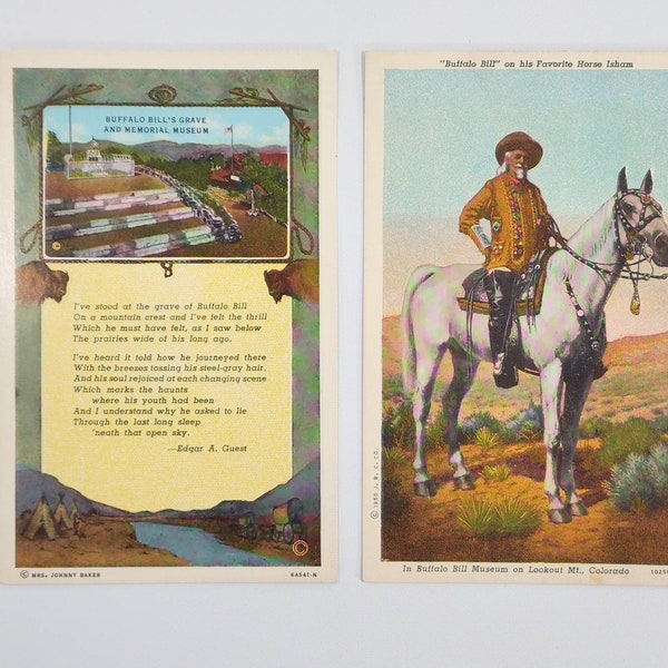 Two Vintage Postcards: Buffalo Bill Cody / Grave & Memorial Museum Edgar A Guest Poem / On His Favorite Horse Isham / 1950