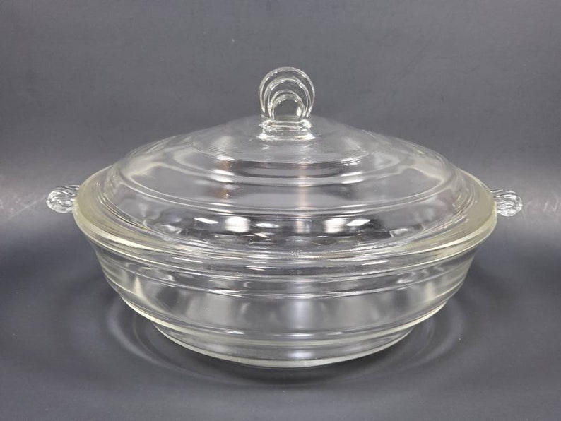 Glasbake Mckee Round Clear Glass Casserole With Lid / Art Deco / 055 /
