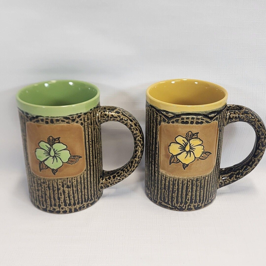 Pair of Vintage Hibiscus Flower Mugs Textured Tiki Style Coffee Mugs ...