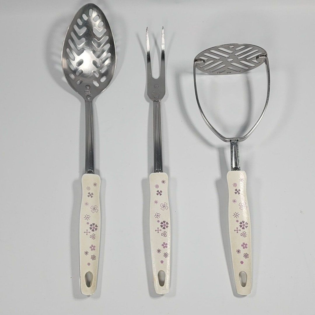 3 Vintage Ekco Kitchen Utensils Purple Design Masher Slotted Spoon Meat