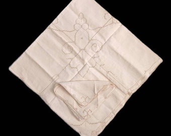 Vintage NOS Linen 54" x 54" Square Tablecloth & Six 12" x 12"  Napkins / Ivory / Hand Made / Scandinavian Drawn Thread / Geometric