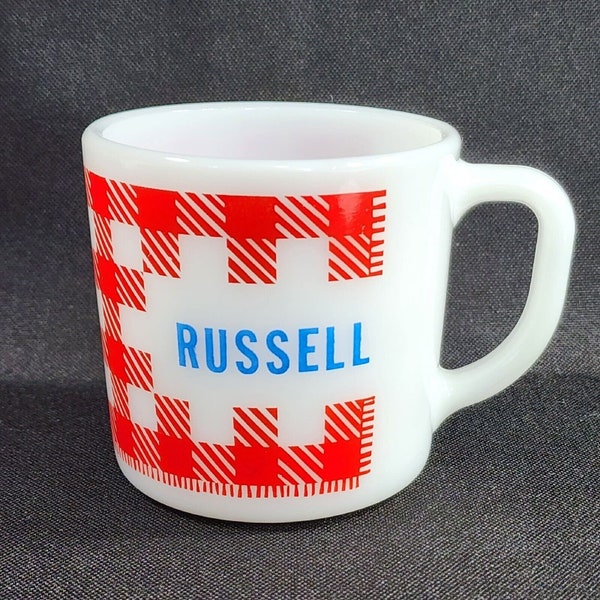 RUSSELL Mug Vintage Milk Glass Coffee Mug Red Gingham Heat Proof Federal Glass