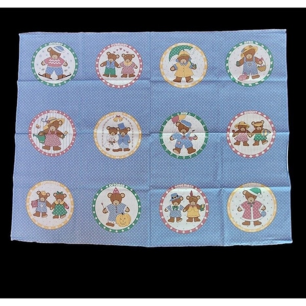 Vintage Teddy Bear Fabric Panel Quilt Blocks Bears of the Month Holidays