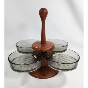 MCM Digsmed Denmark Wood Rotating Lazy Susan Carousel Caddy with 4 Smoked Glass Bowls