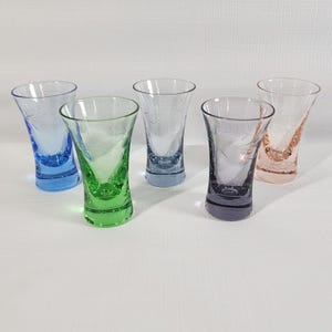 Set of 5 Vintage Cordial Shot Glasses Etched Colorful Mid Century