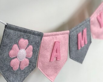 Personalised Felt Bunting in Pink Grey for Nursery or Girls Bedroom - Baby Keepsake Gift - Name Banner - Gift for Baby Shower - Personalized