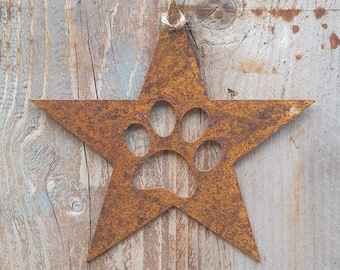 Rusty Star/Paw Star/Flat Metal Star With Paw Print/Metal/Small Star/Rust Paw Star/Garden/Vintage/Rustic/Floral/Gift/Home/Pet 15cm