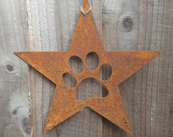 Rusty Star/Paw Star/Flat Metal Star With Paw Print/Metal/Large Star/Rust Paw Star/Garden/Vintage/Rustic/Floral/Gift/Home/Pet 20cm