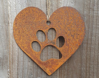 Rusty Heart/Paw Heart/Flat Metal Heart With Paw Print/Metal/Medium Heart/Rust Paw Heart/Garden/Vintage/Rustic/Floral/Gift/Home/Pet 15cm