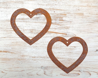 Set of 2 Rusty Outline Hearts/Rust/Flat Metal Heart/Outline Heart/Metal/Small/Garden/Industrial/Vintage/Rustic/Floral/Gift/Wedding/Home 12cm