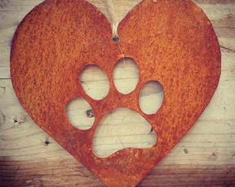 Rusty Metal Paw Print Heart, Garden Decor (20cm)